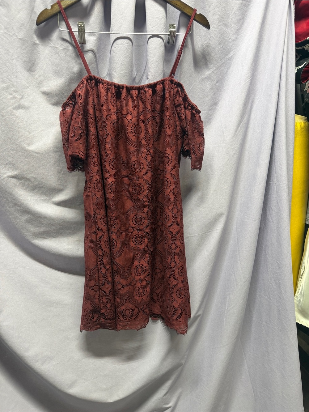 Ultra Flirt Rust Lace Off-Shoulder Mini Dress